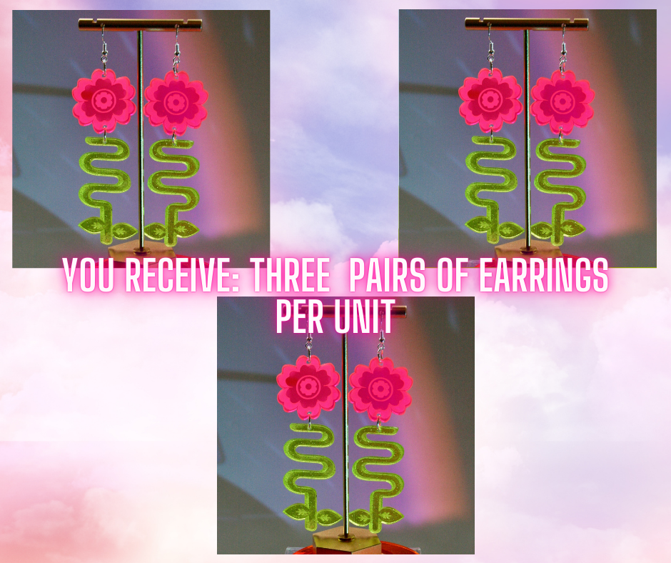 Wholesale- Flower Blossom Earrings- Neon Sparkly Green Pink Unique Art Deco