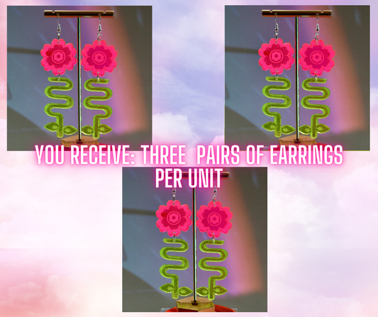 Wholesale- Flower Blossom Earrings- Neon Sparkly Green Pink Unique Art Deco