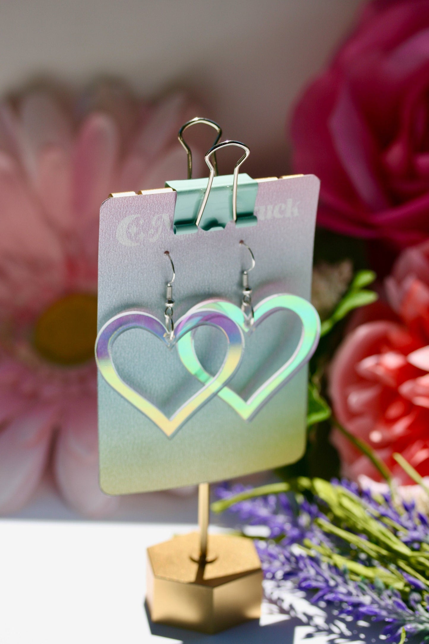 Wholesale- Heart Outline Earrings - Valentine Romantic Dreamy Cutout Emoji Lasercut Iridescent Reflective Rainbow Dangle Festival Rave Party Wear Holo