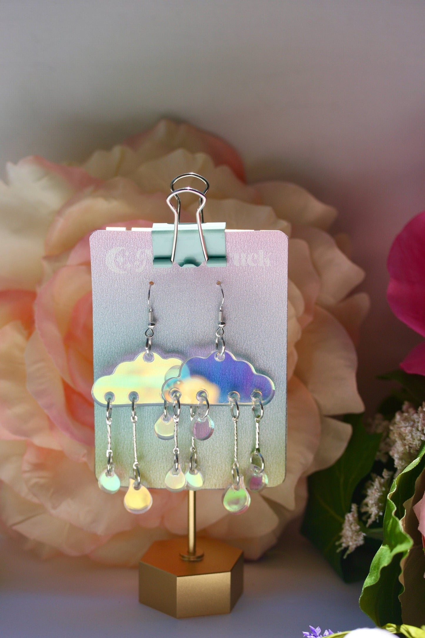 Wholesale- Cloud Earrings- Sky Celestial Earth Cosmic Solar Raindrops Storm Weather Holo Emoji Lasercut Iridescent Reflective Rainbow Dangle Earrings