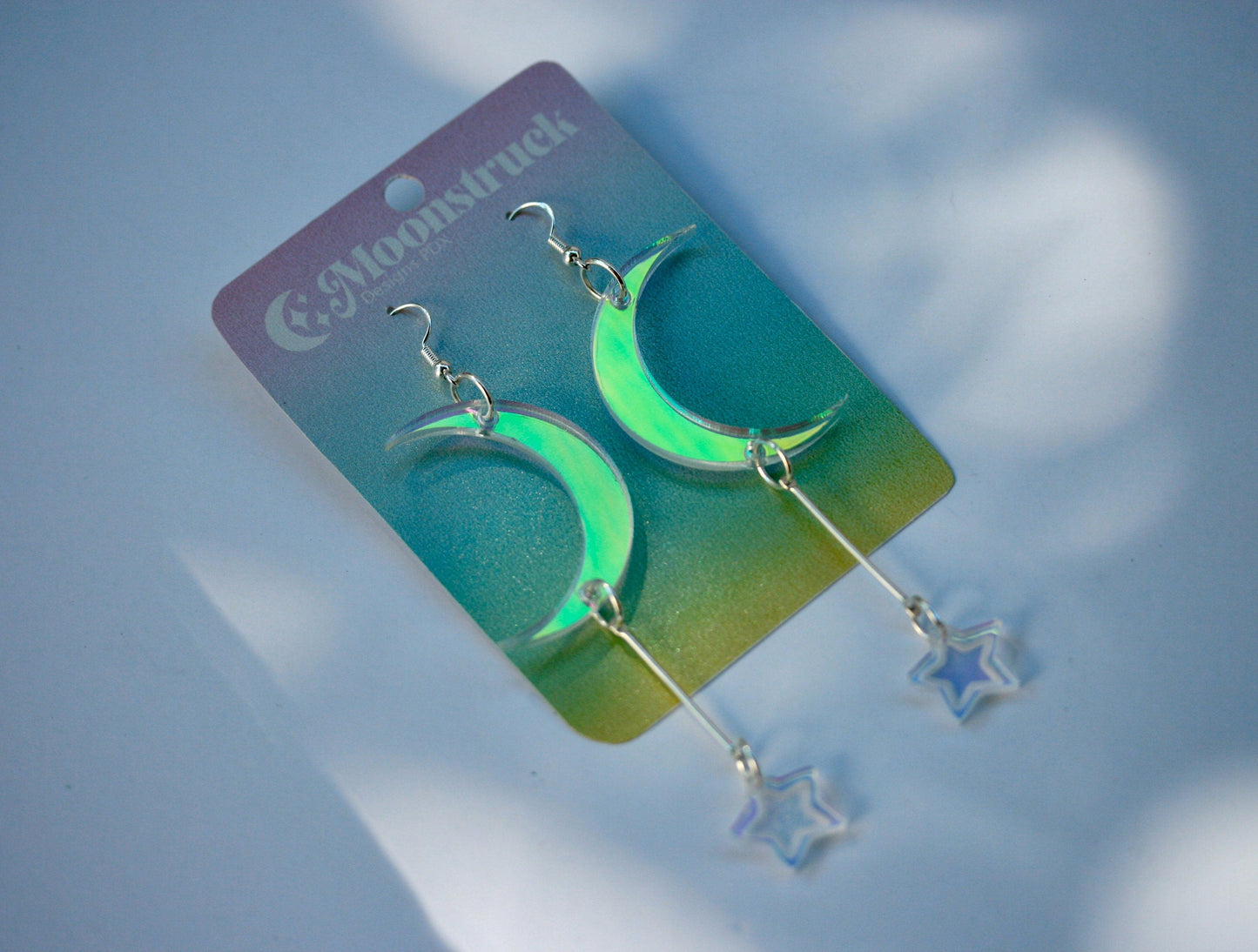 Wholesale- Crescent Moon Dangle Earrings- Luna Lunar Celestial Star Weather Planet Wiccan Witchy Goth Cosmic Lasercut Iridescent Reflective Rainbow Dangle