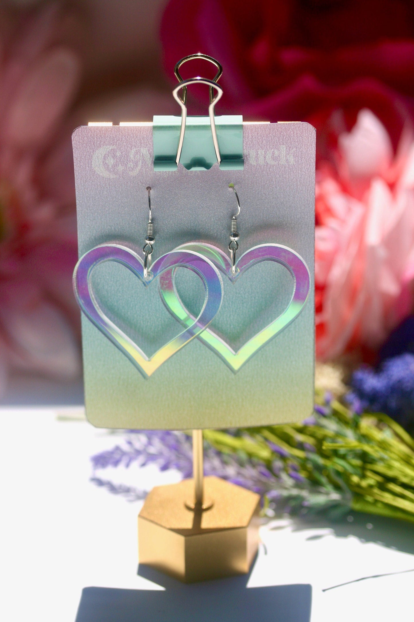 Wholesale- Heart Outline Earrings - Valentine Romantic Dreamy Cutout Emoji Lasercut Iridescent Reflective Rainbow Dangle Festival Rave Party Wear Holo