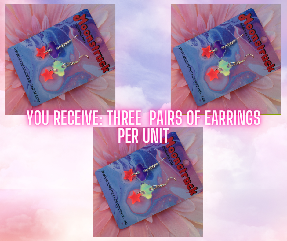Wholesale- Cloud & Star Dangle Earrings- Iridescent Pink Cute Kawaii Petite