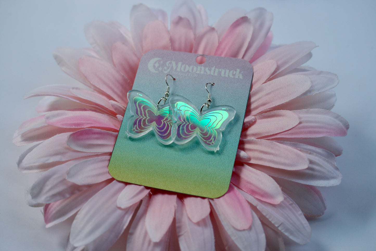 Y2K Butterfly Earrings - Iridescent Reflective Early 2000s Rainbow Kawaii Star Cute Fantasy Flowers Psychedelic