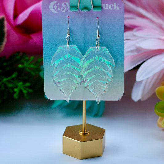 Fern Earrings - Pacific Northwest PNW Leaf Plant Acrylic Laser Cut USA Iridescent Sparkly Reflective Rainbow Opalescent Charm Nature Forest