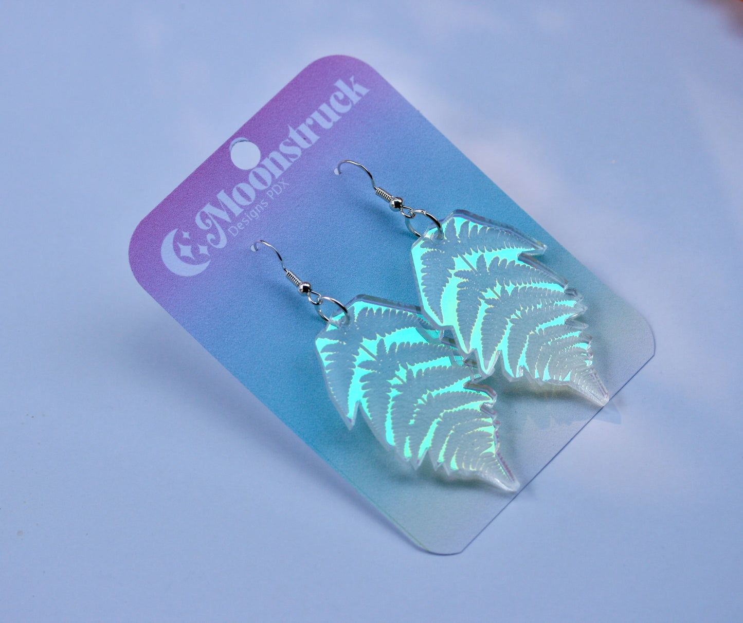 Fern Earrings - Pacific Northwest PNW Leaf Plant Acrylic Laser Cut USA Iridescent Sparkly Reflective Rainbow Opalescent Charm Nature Forest