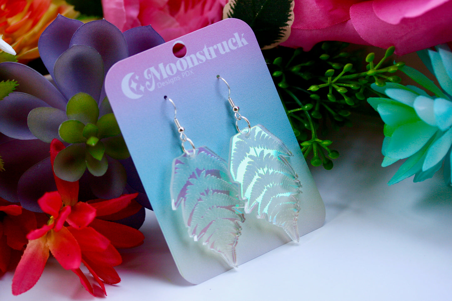 Fern Earrings - Pacific Northwest PNW Leaf Plant Acrylic Laser Cut USA Iridescent Sparkly Reflective Rainbow Opalescent Charm Nature Forest