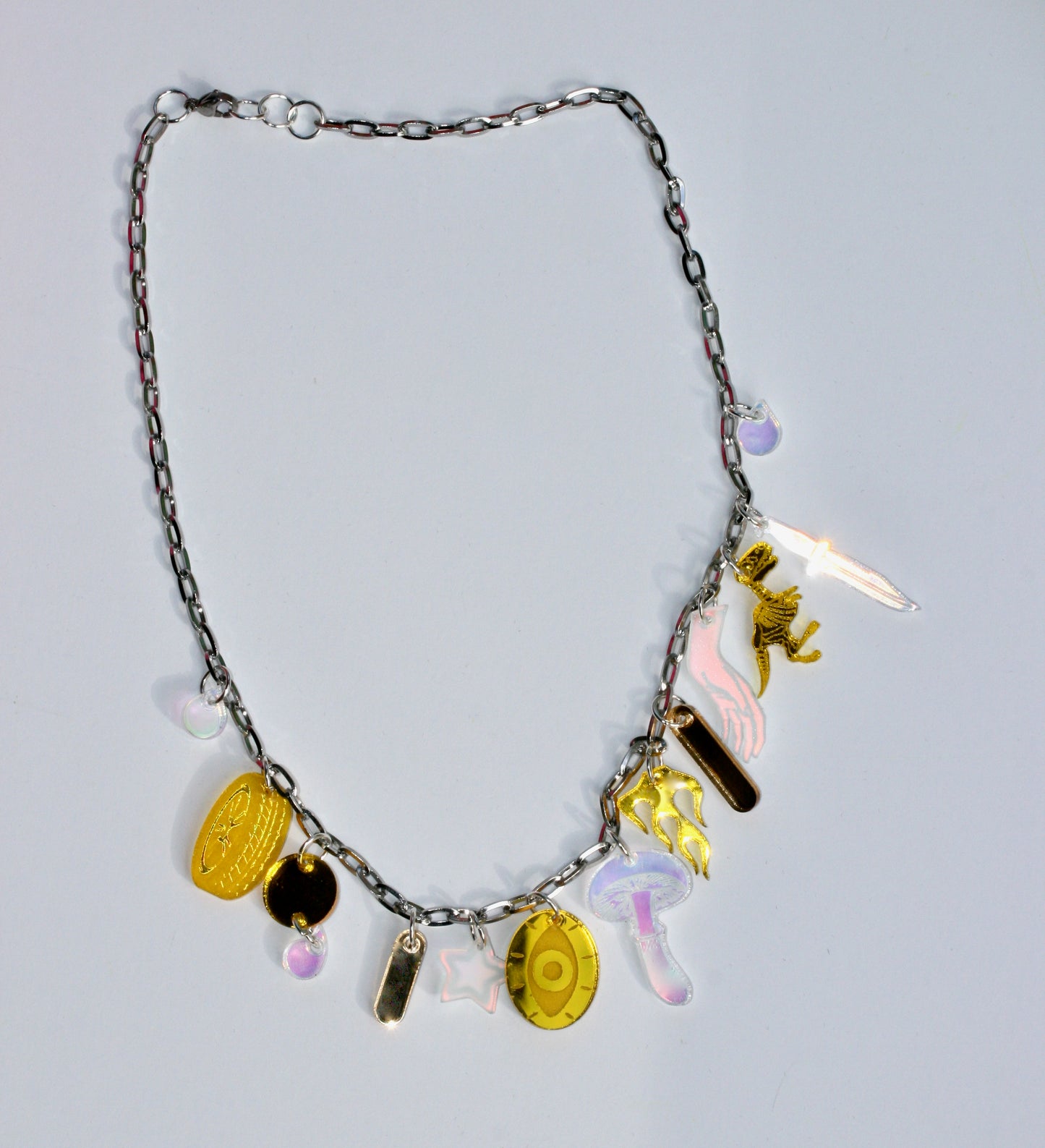 Yellow Gold and Iridescent Charm Necklace - Lasercut Holo Rainbow Multicolor Mirrored Detailed One of a Kind OOAK