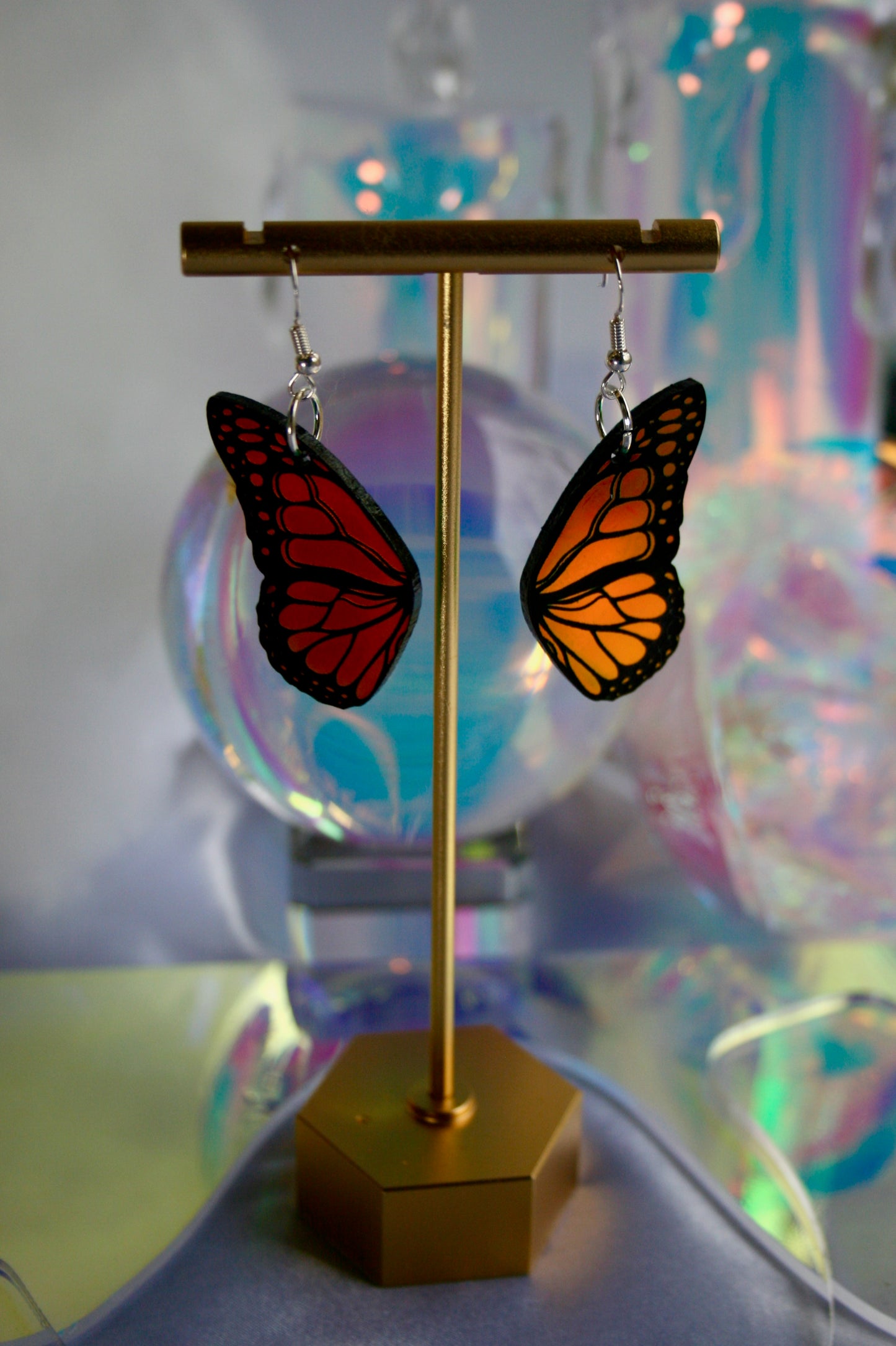 Iridescent Reflective Black Lightweight Witchy Flutter Gardener Caterpillar Insect Wing Monarch Butterfly Earrings