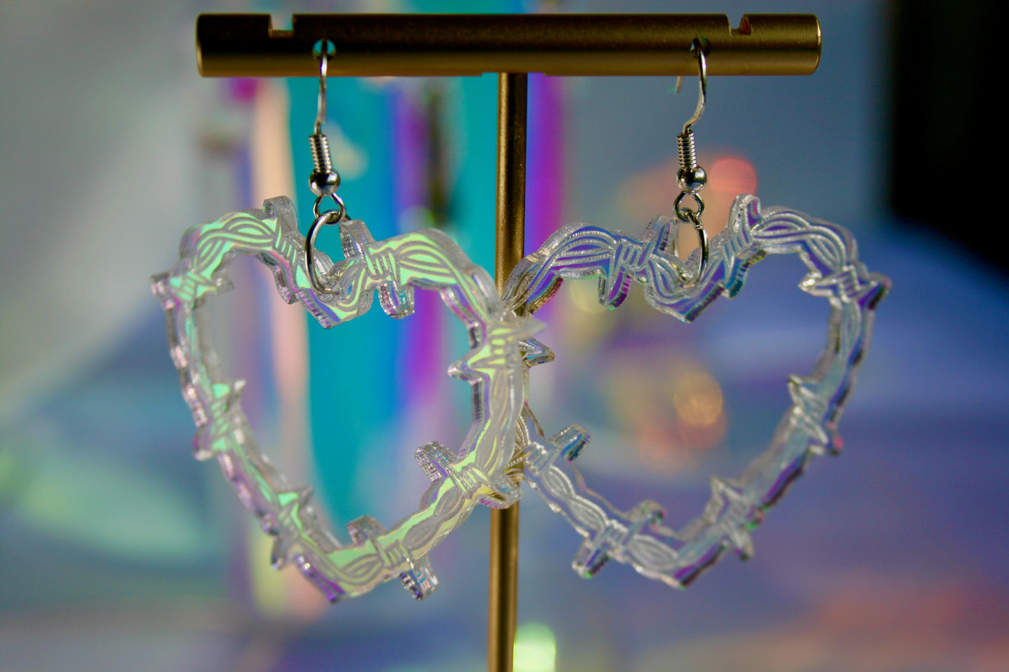 Black Iridescent Reflective Holographic Detailed Lightweight Witchy Occult Valentines Day Barbed Wire Heart Shaped Earrings
