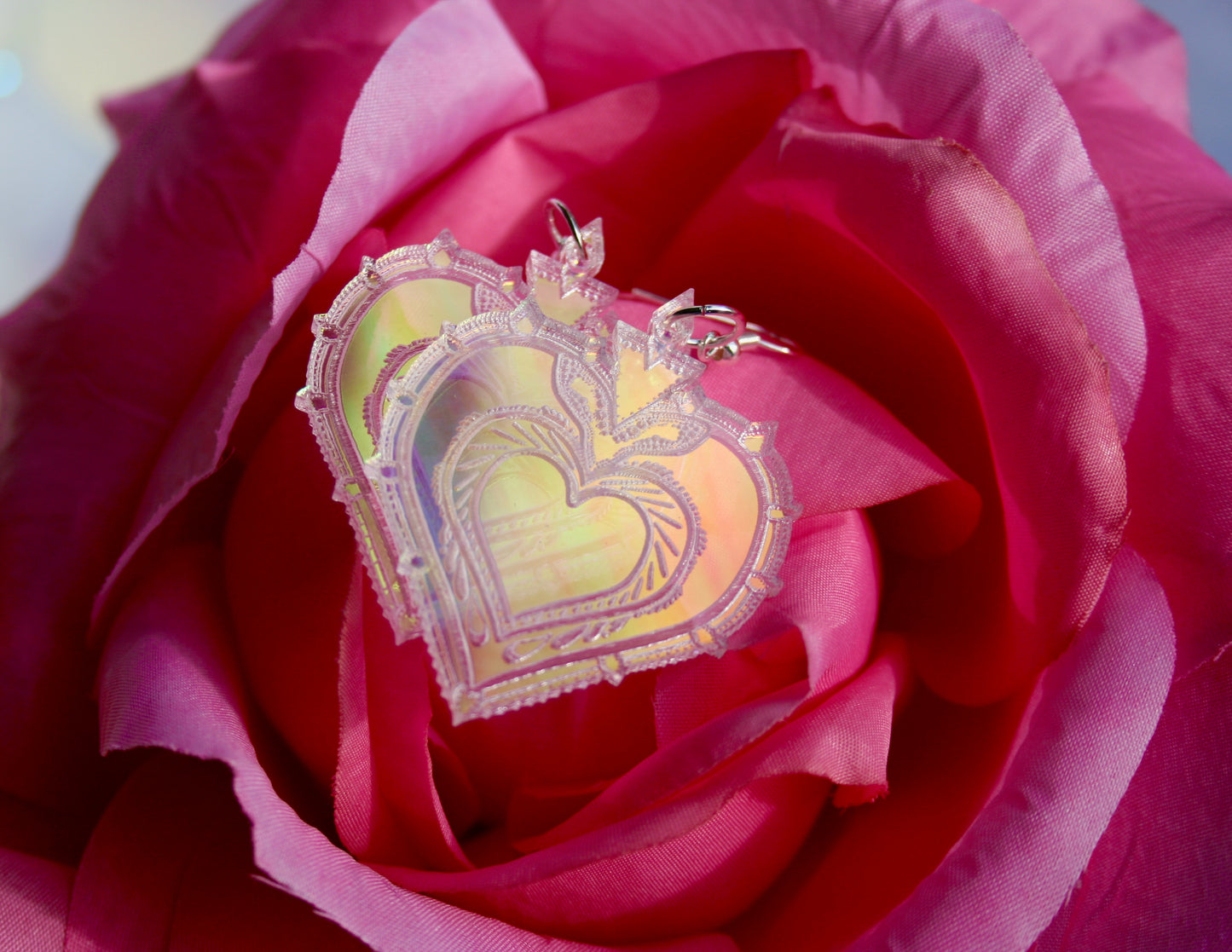 Catholic Milagros Tarot Witchy Pagan Dark Heart Shaped Romantic Occult Reflective Iridescent Ornate Decorative Acrylic Lasercut Earrings