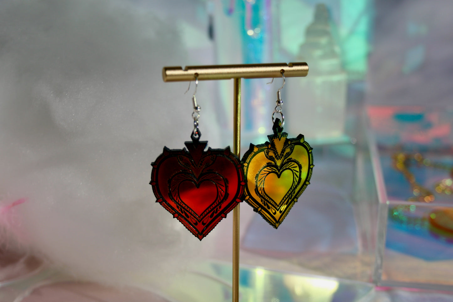 Catholic Milagros Tarot Witchy Pagan Dark Heart Shaped Romantic Occult Reflective Iridescent Ornate Decorative Acrylic Lasercut Earrings
