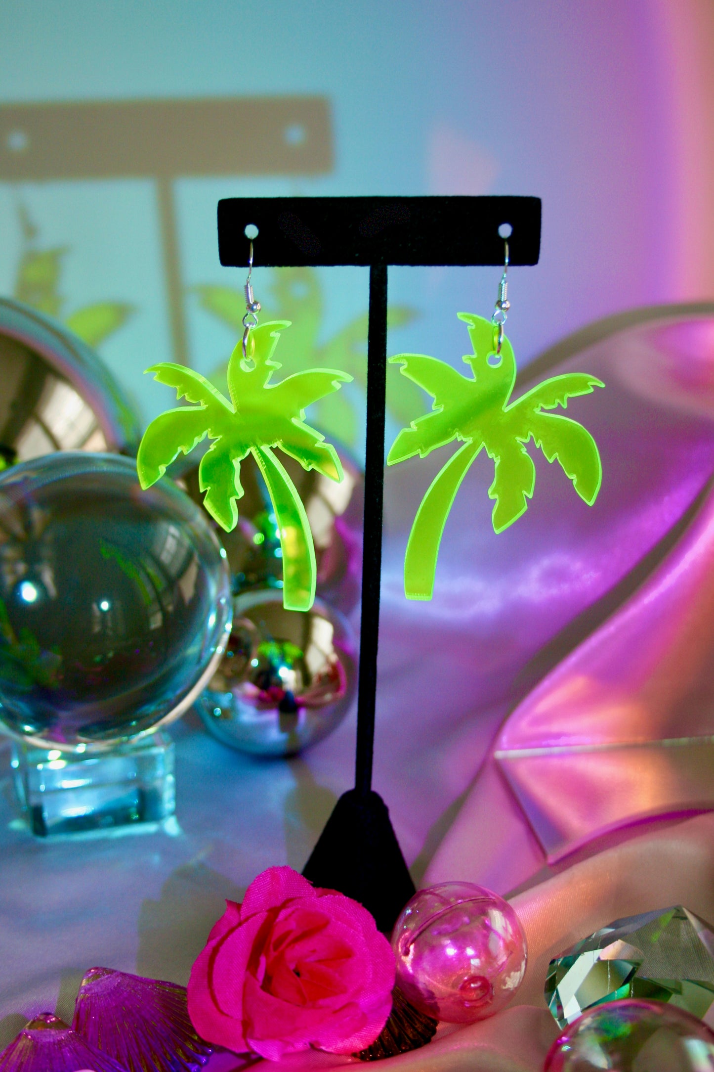 Neon Green Blacklight Reactive Large Lightweight Witchy Palm Trees Flower Beach Rave Tropical Hawaiian Rave Earrings