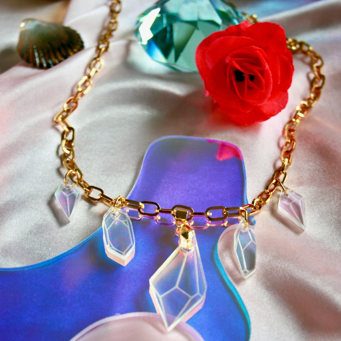 Iridescent Prism Necklace - Lasercut Holo Rainbow Reflective Suncatcher Crystal Gold Chain