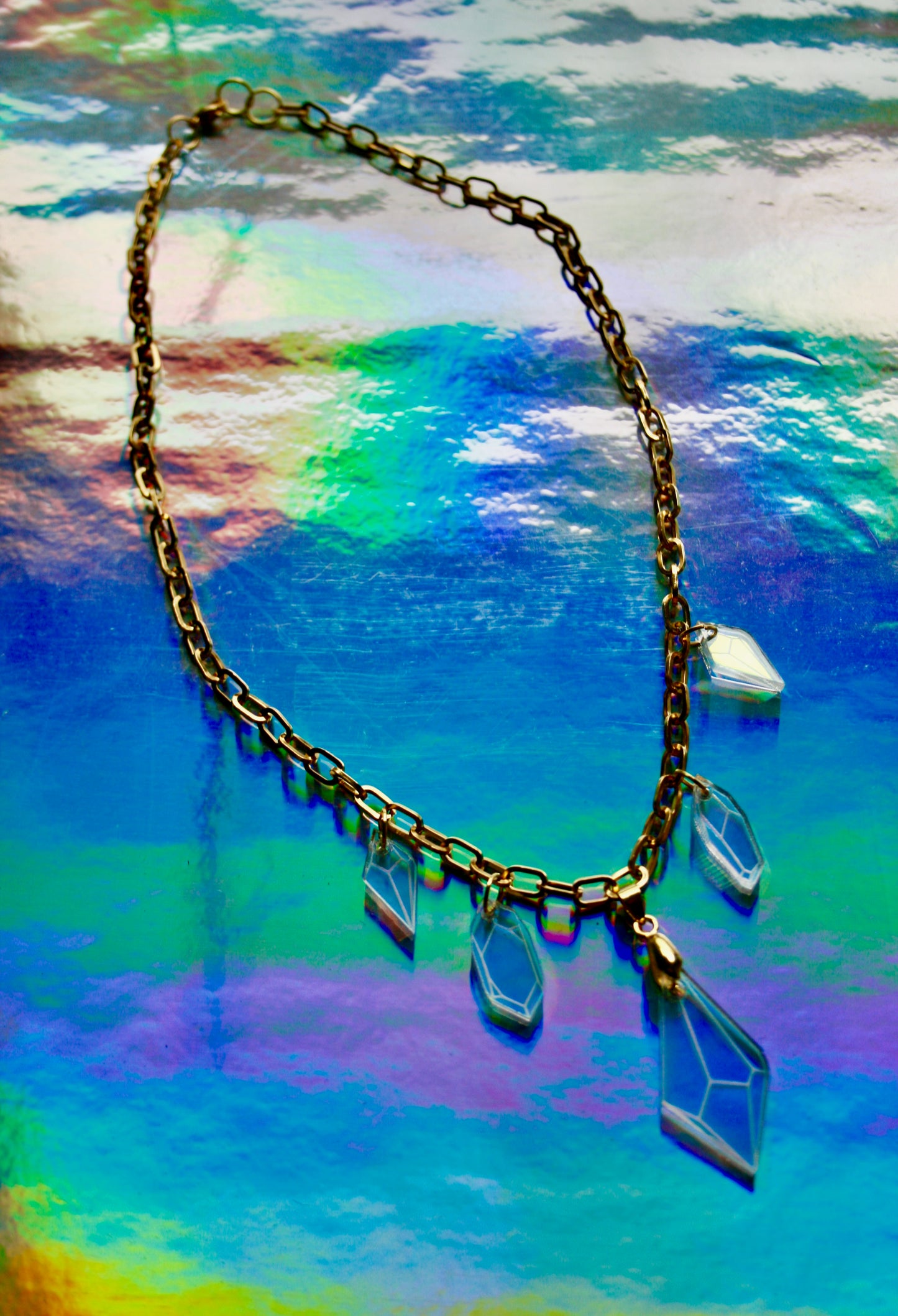 Iridescent Prism Necklace - Lasercut Holo Rainbow Reflective Suncatcher Crystal Gold Chain