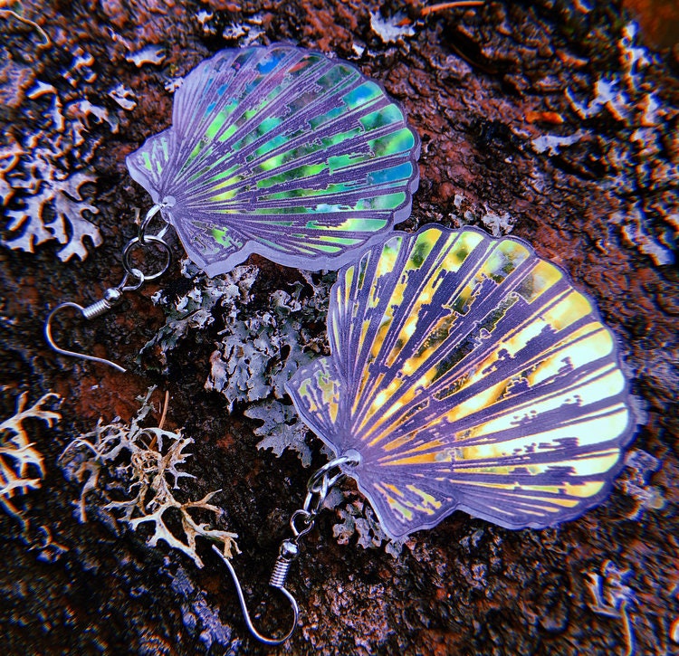 Scallop Shell Earrings- Ocean Conch Seashell Clam Seaside Beach Shell Ocean Lasercut Acrylic Iridescent Rainbow Large Mussel Holo Festival