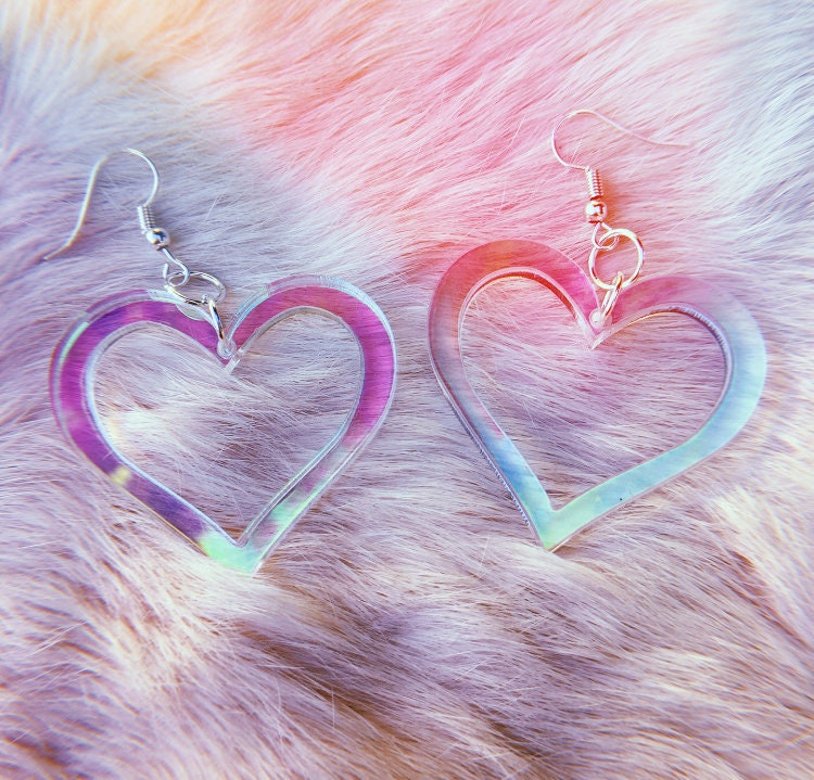Heart Outline Earrings - Valentine Romantic Dreamy Cutout Emoji Lasercut Iridescent Reflective Rainbow Dangle Festival Rave Party Wear Holo