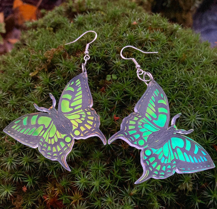 Butterfly Earrings- Winged Creature Moth Monarch Insect Luna Bug Acrylic  Laser Cut Iridescent Reflective Rainbow Opalescent Festival Rave