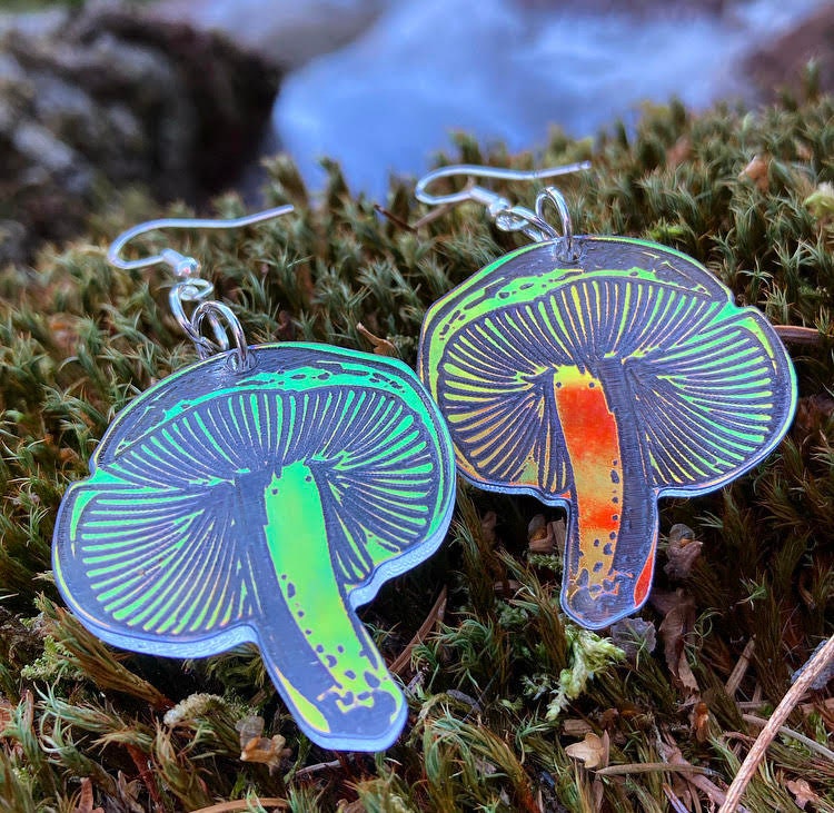 Short Mushroom Earrings- Pacific Northwest PNW Plant Fungi Acrylic Laser Cut USA Iridescent Sparkly Reflective Rainbow Opalescent Charm