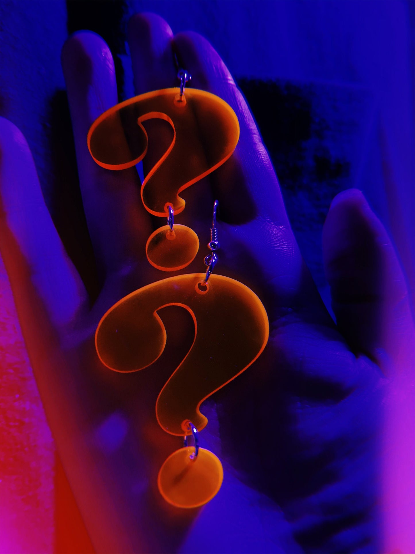 Question Mark Earrings- Puzzle Cryptic Cliffhanger Punctuation Emoji Translucent Lasercut Dangle Fluorescent Orange Black Light Reactive