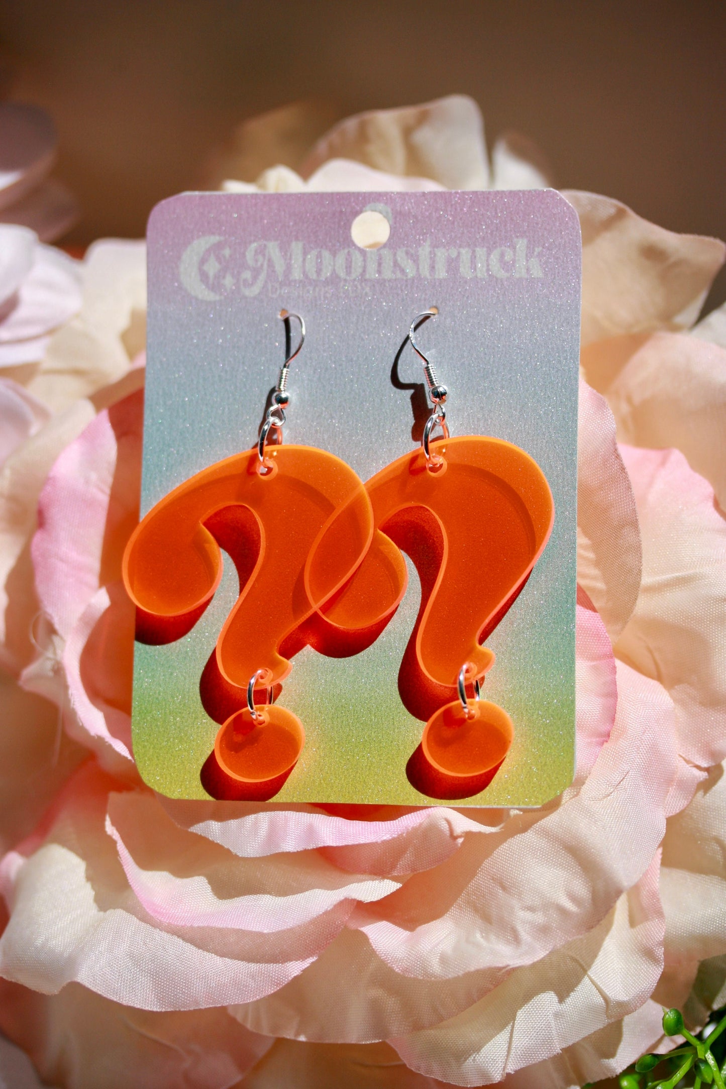 Question Mark Earrings- Puzzle Cryptic Cliffhanger Punctuation Emoji Translucent Lasercut Dangle Fluorescent Orange Black Light Reactive