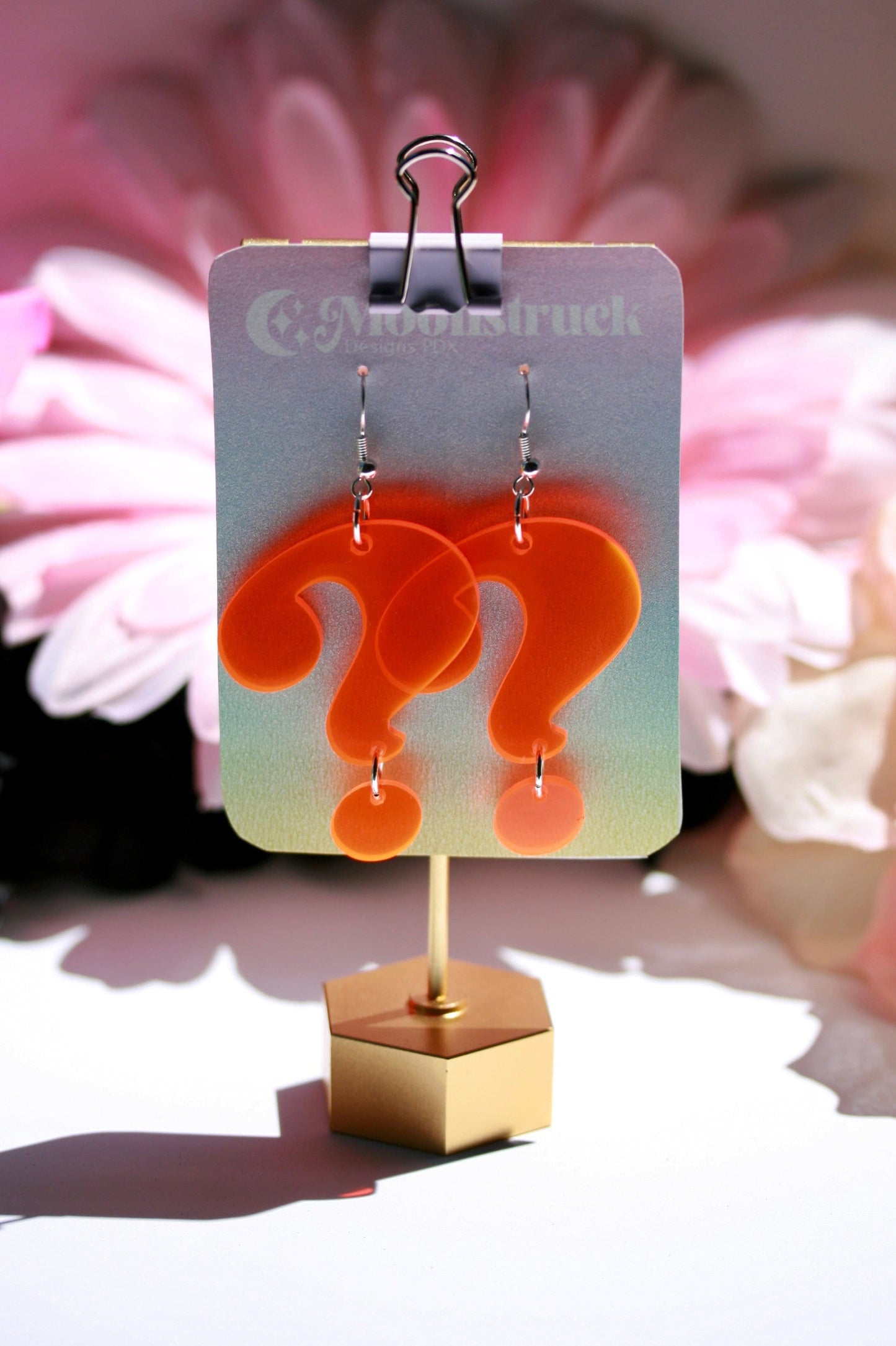 Question Mark Earrings- Puzzle Cryptic Cliffhanger Punctuation Emoji Translucent Lasercut Dangle Fluorescent Orange Black Light Reactive