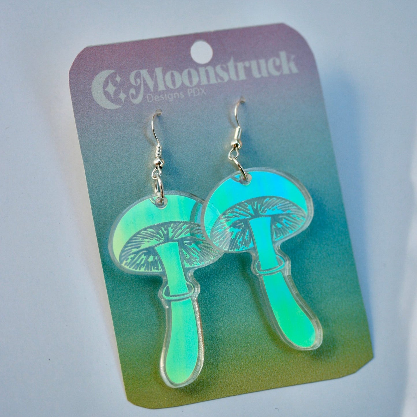 Long Mushroom Earrings- Fungi Fungus Acrylic Laser Cut USA Iridescent Reflective Rainbow Charm Large Pacific Northwest PNW Festival Rave Party