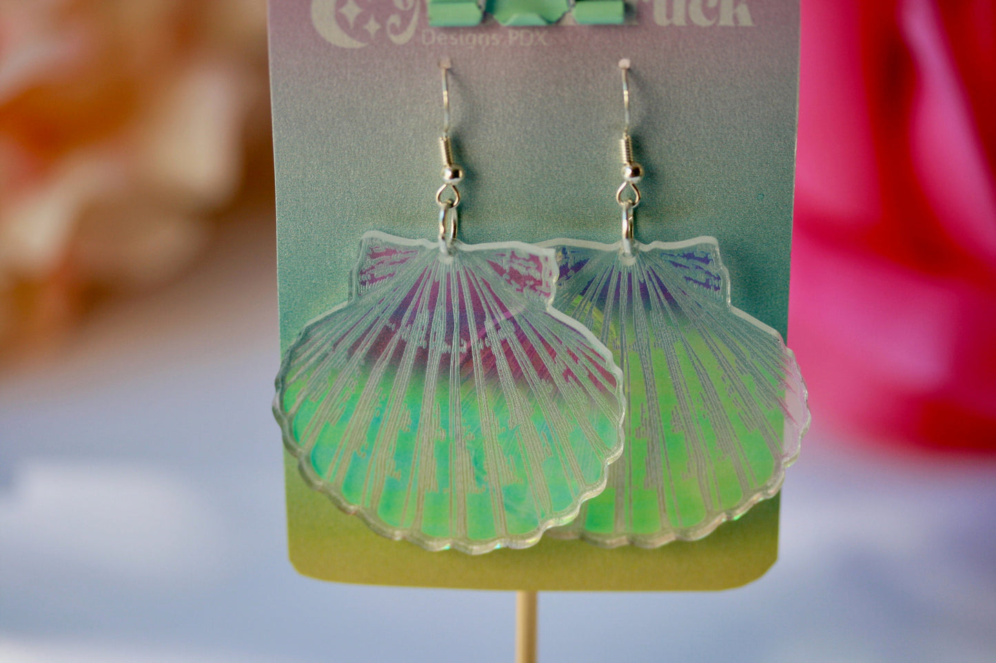 Scallop Shell Earrings- Ocean Conch Seashell Clam Seaside Beach Shell Ocean Lasercut Acrylic Iridescent Rainbow Large Mussel Holo Festival