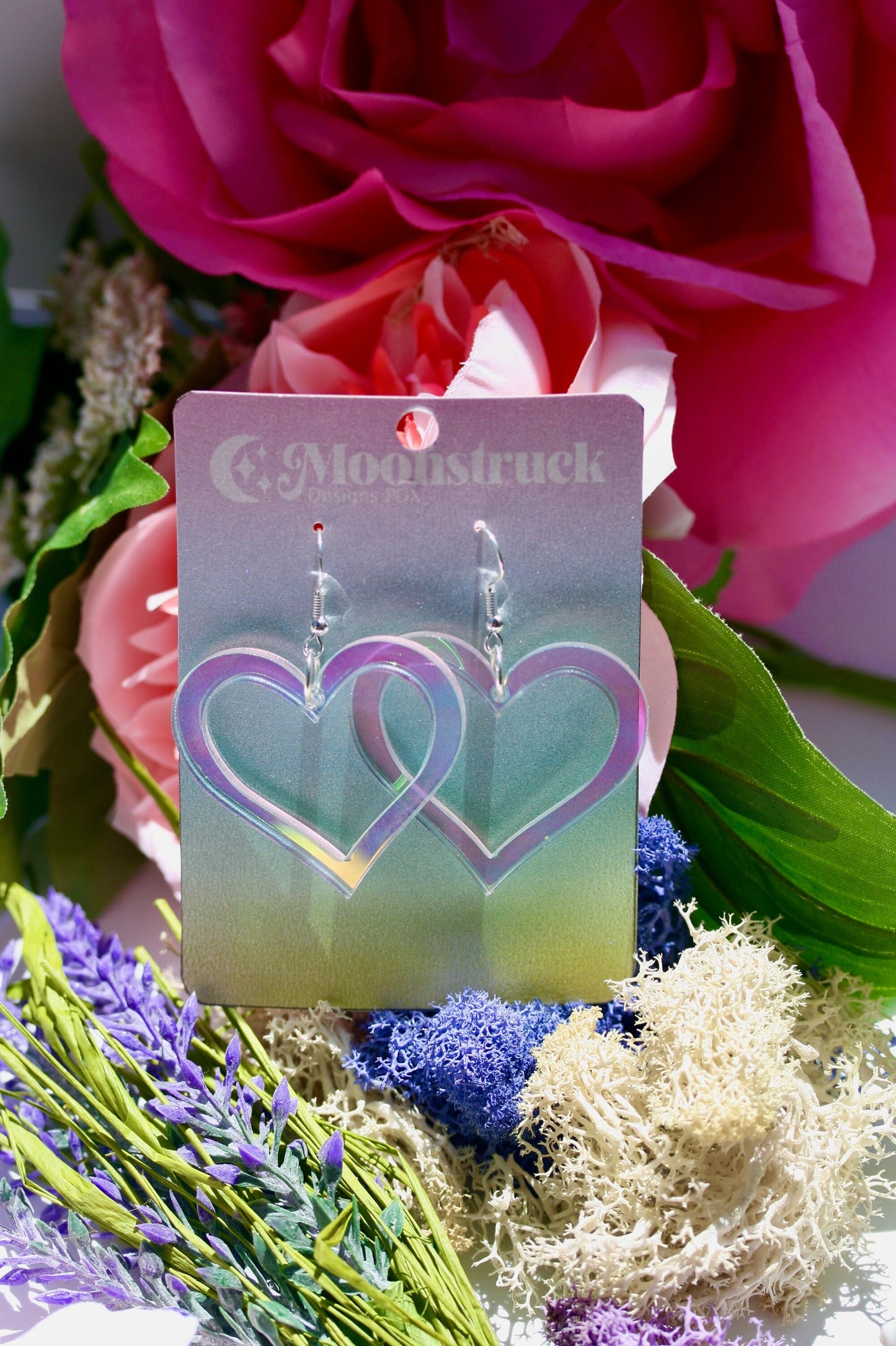 Heart Outline Earrings - Valentine Romantic Dreamy Cutout Emoji Lasercut Iridescent Reflective Rainbow Dangle Festival Rave Party Wear Holo
