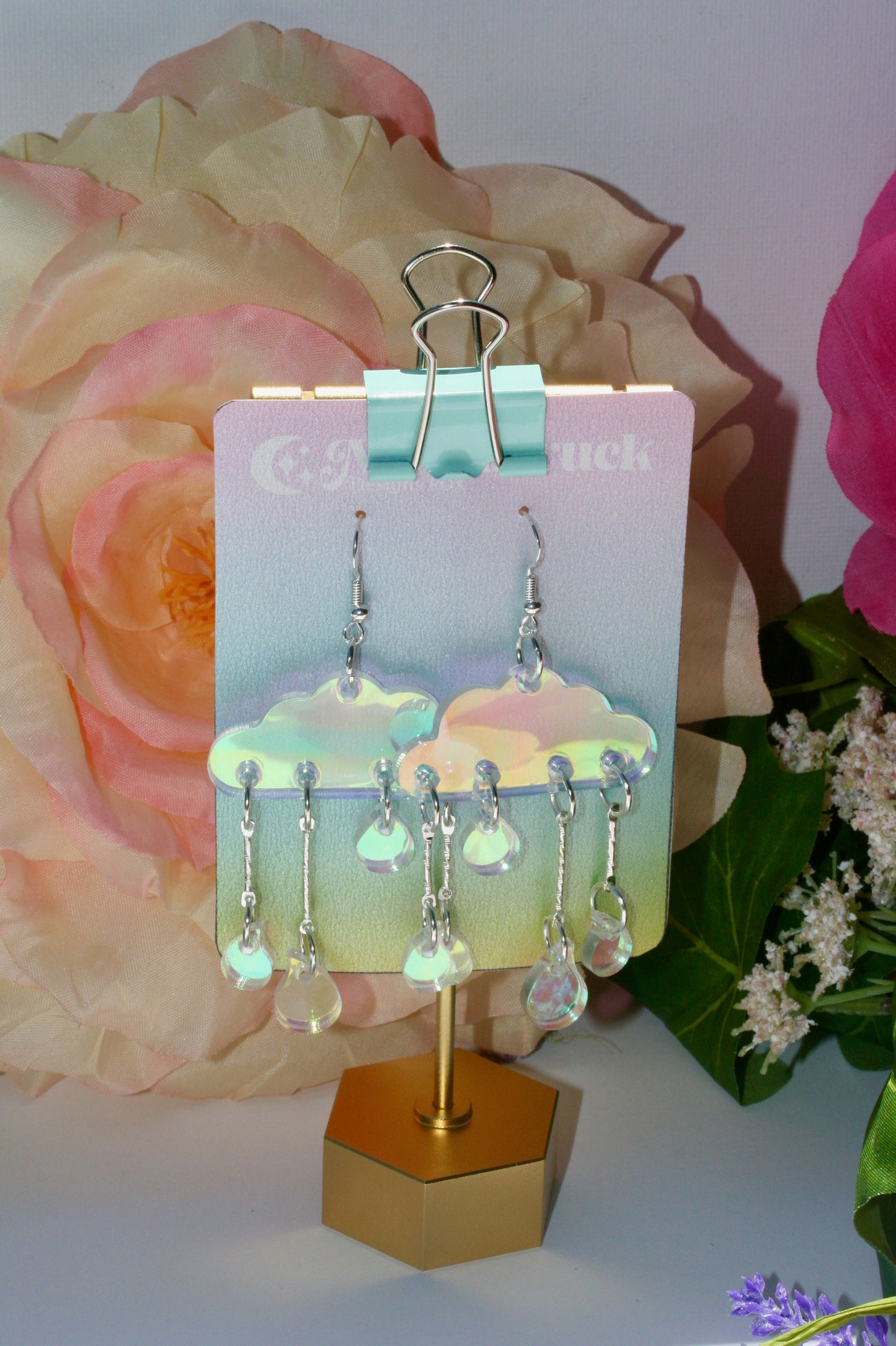 Cloud Earrings- Sky Celestial Earth Cosmic Solar Raindrops Storm Weather Holo Emoji Lasercut Iridescent Reflective Rainbow Dangle Earrings