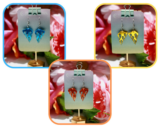 Flame Earrings - Petite Small Heat Bonfire Inferno Ablaze Burning Orange Yellow Blue Y2K Lasercut Reflective Cutout Mirrored Spicy Hot