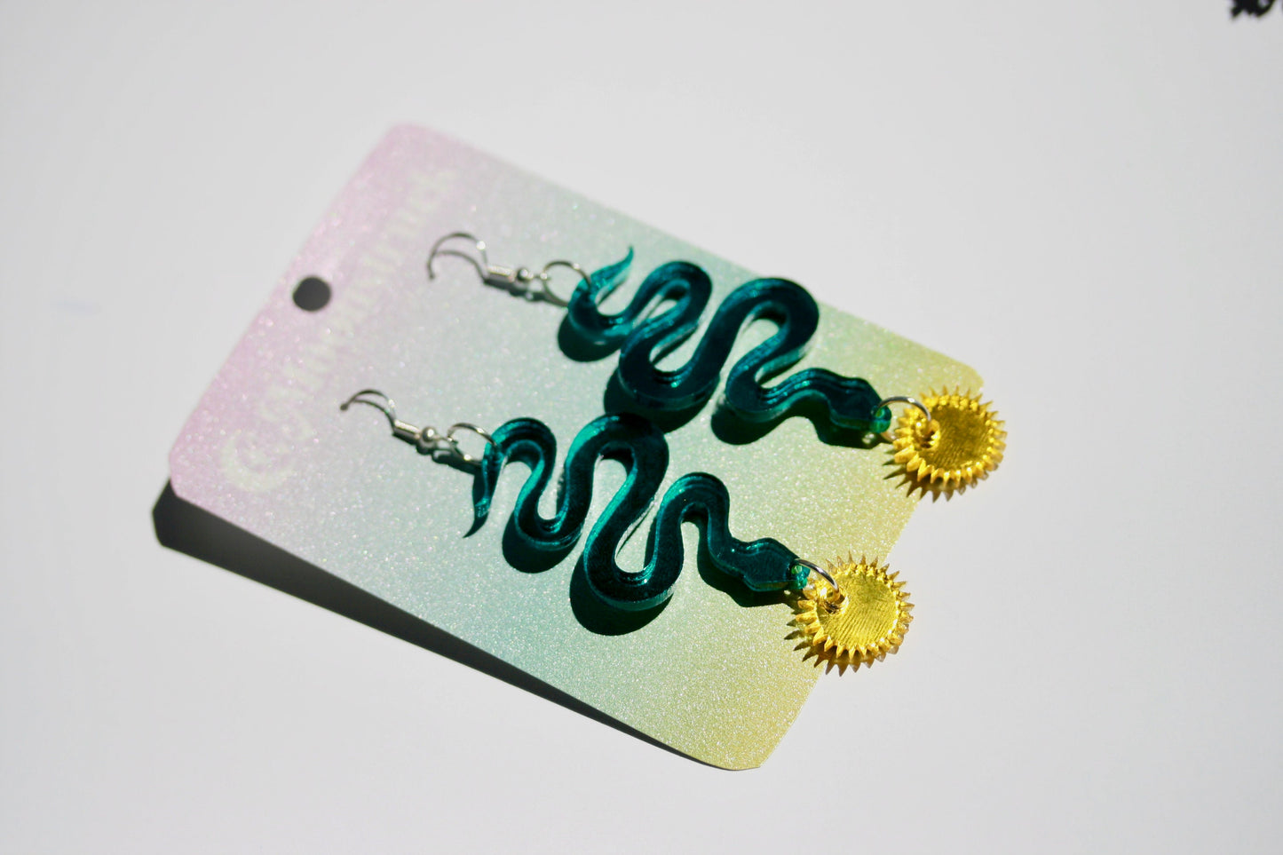 Snake Earrings - Reflective Pink Teal Green Yellow Star Sunburst Tropical Witchy Goth Seapunk Serpent Reptile Festival Rave Sterling Silver