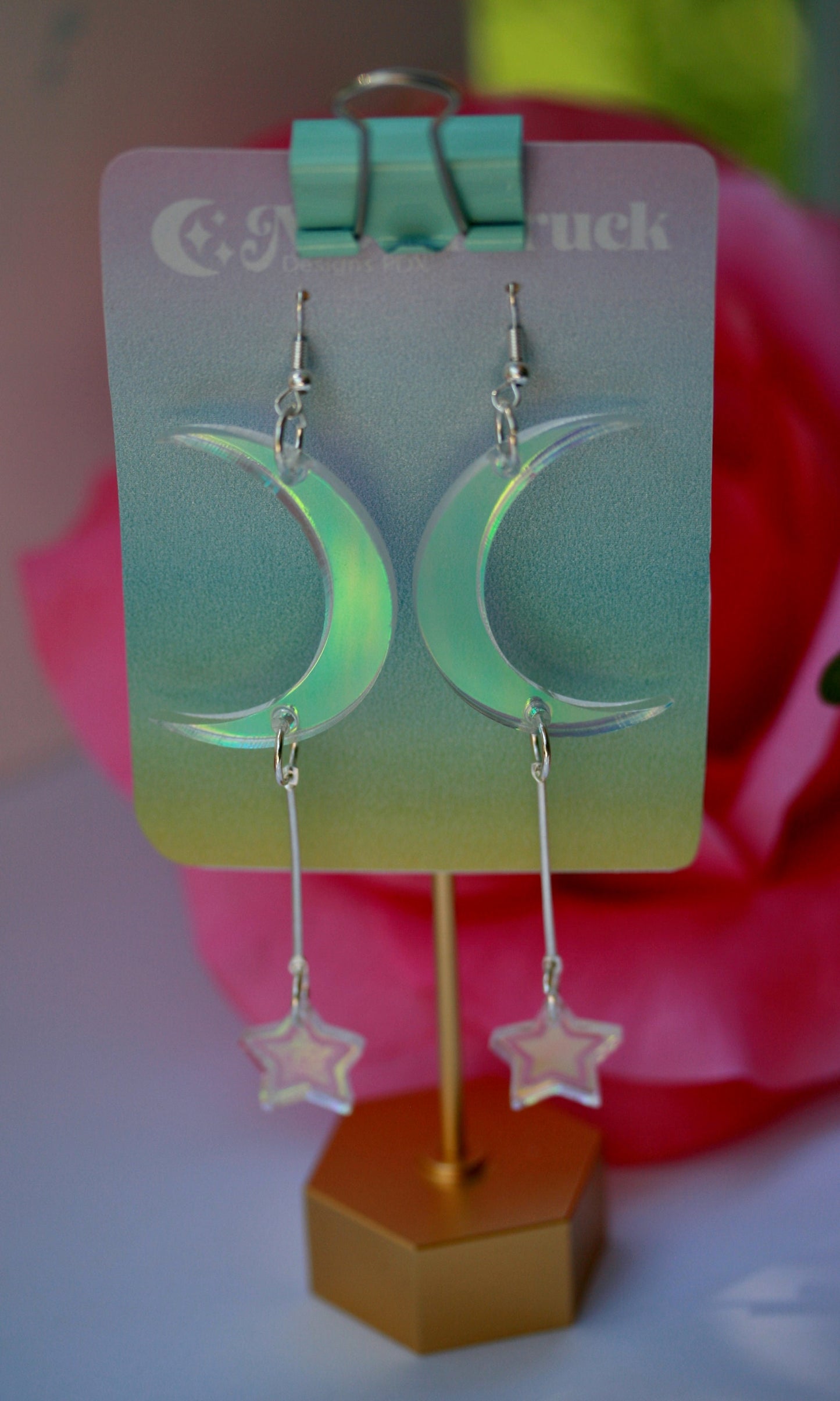 Crescent Moon Earrings- Luna Lunar Celestial Star Weather Planet Wiccan Witchy Goth Cosmic Lasercut Iridescent Reflective Rainbow Dangle