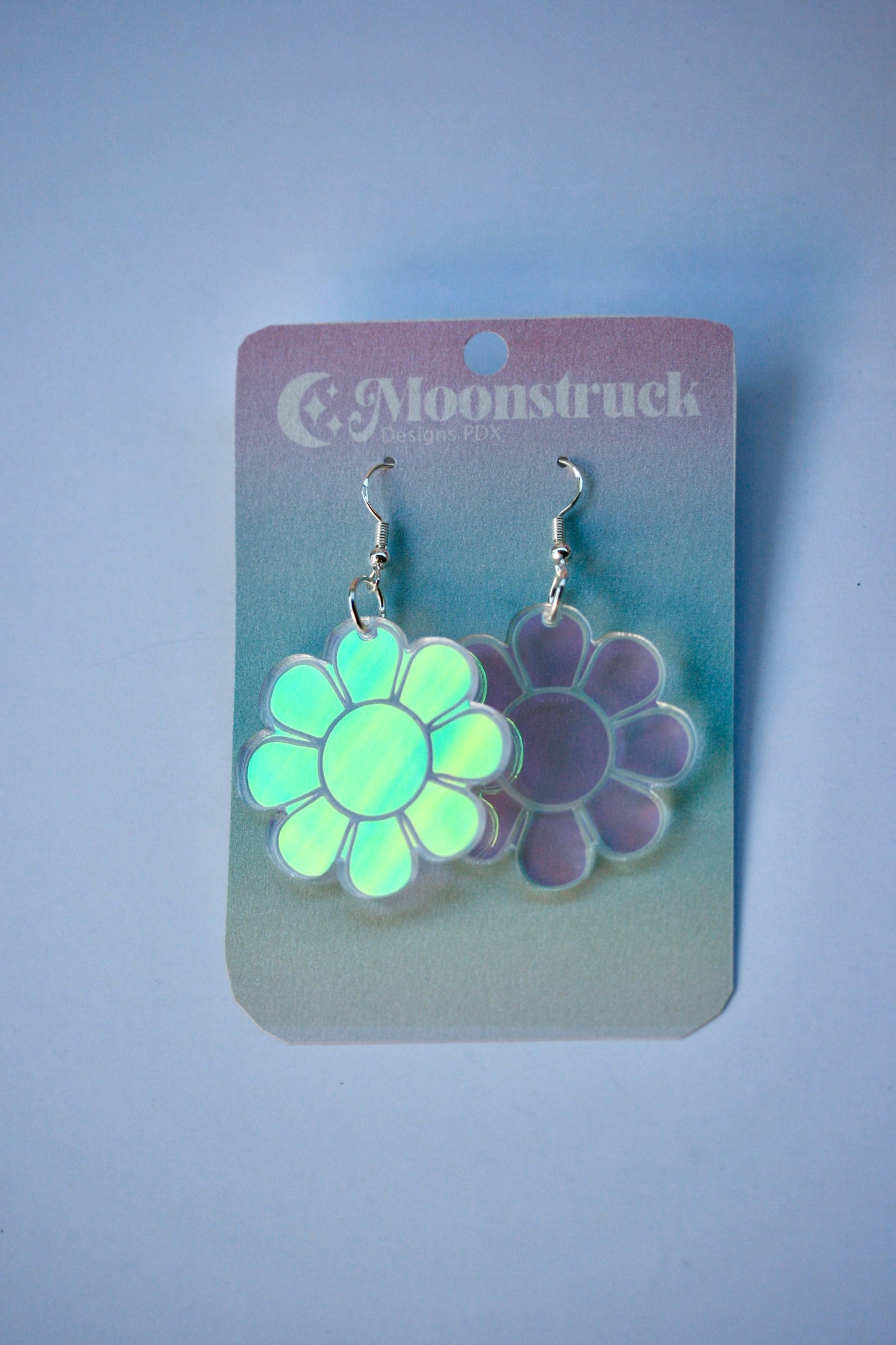 Daisy Earrings - Retro Groovy 70s Flower Bloom Blossom Plant Romantic Leaf Plant Dangle Acrylic Opalescent Iridescent Rainbow Reflective